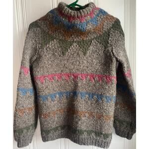Vintage Hand-Knit 100% Wool Nordic Sweater Gray Multicolor Women’s S